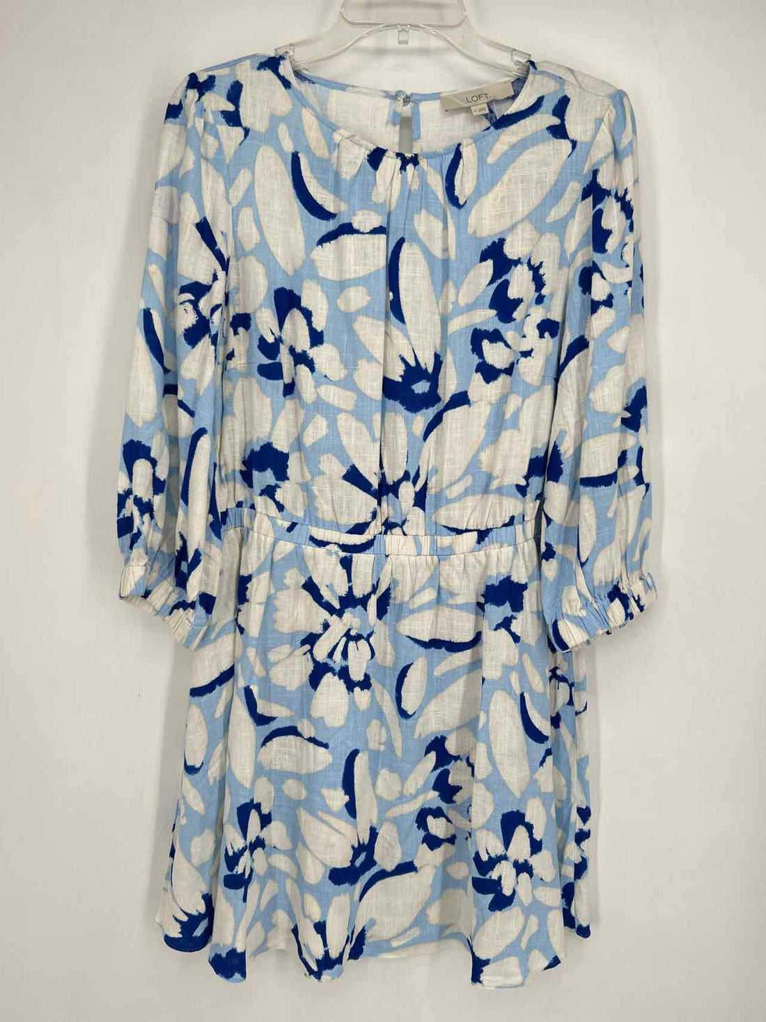 Loft Size M Light Blue & White Print Linen/Rayon Dress