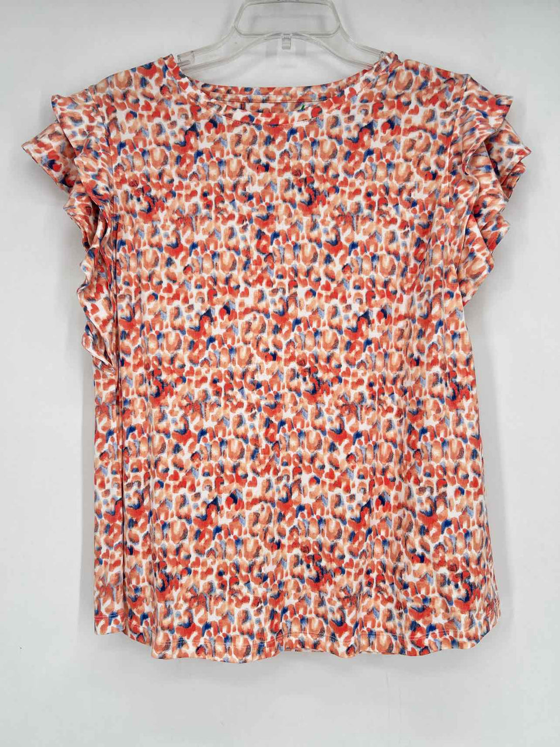 Chicos Size 1/M Orange & Blue Print Short Sleeve