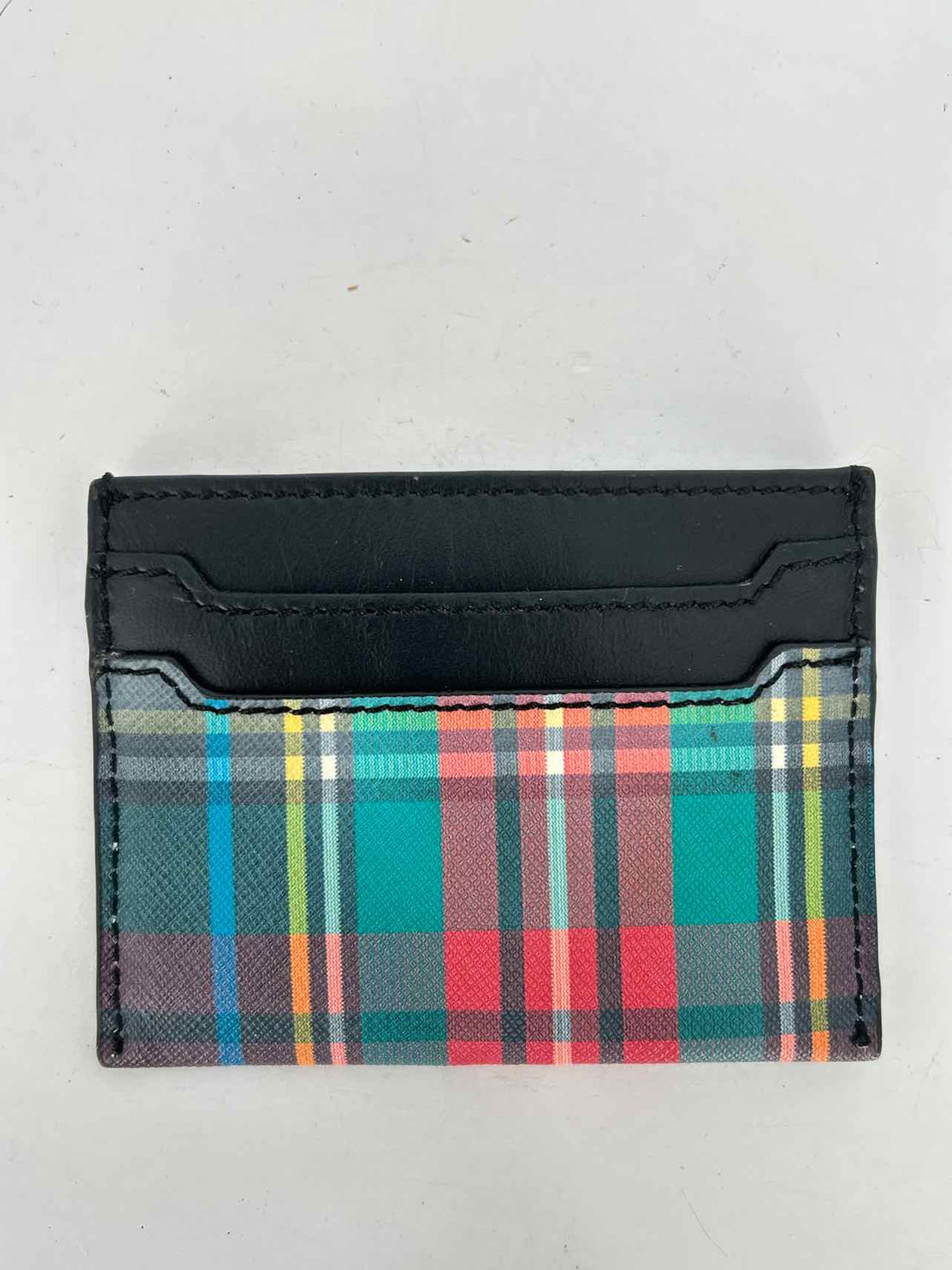 J Crew Black Plaid Leather Pre Owned Card Holder