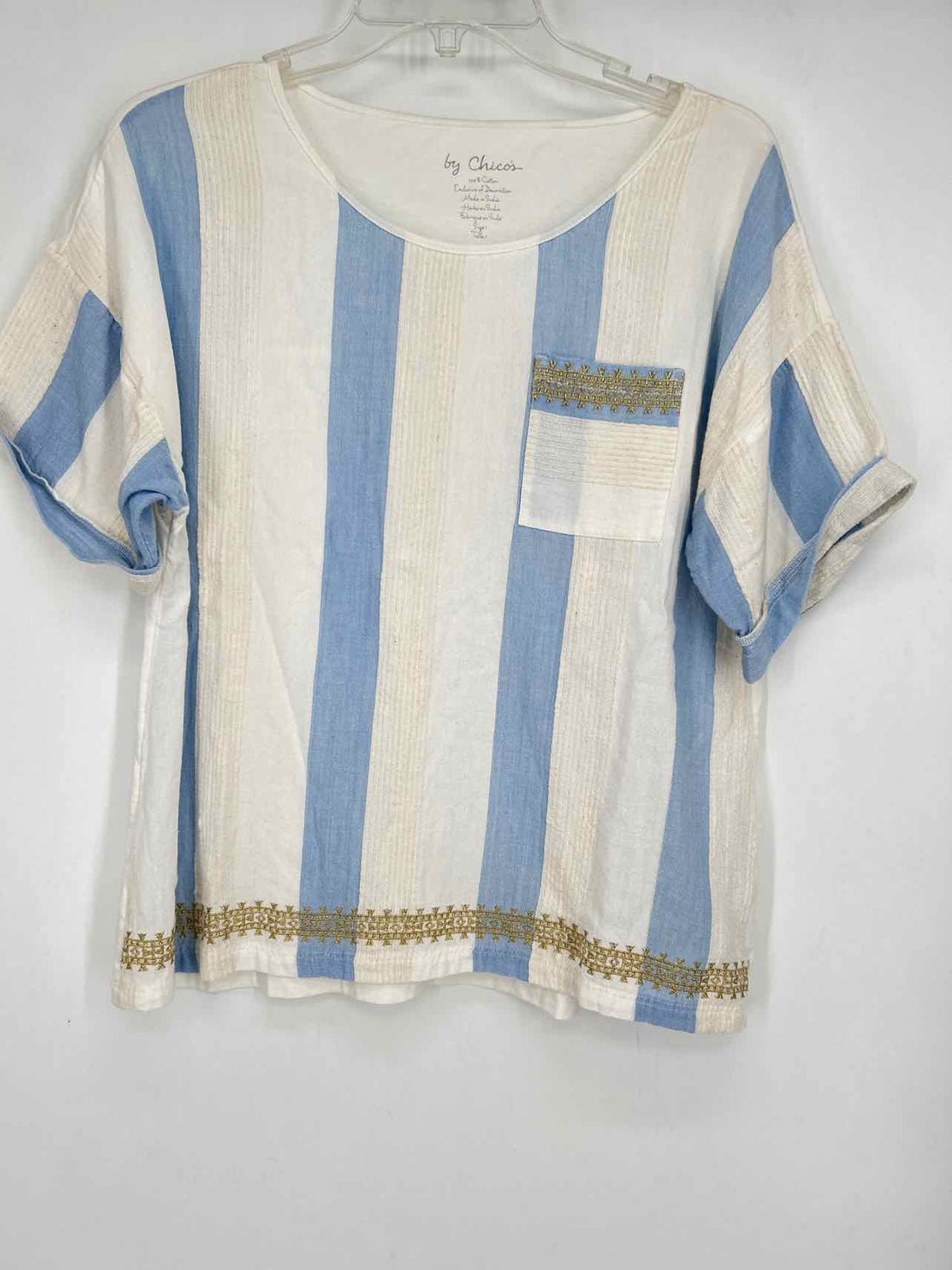 Chicos Size 1/M White & Blue Striped Short Sleeve