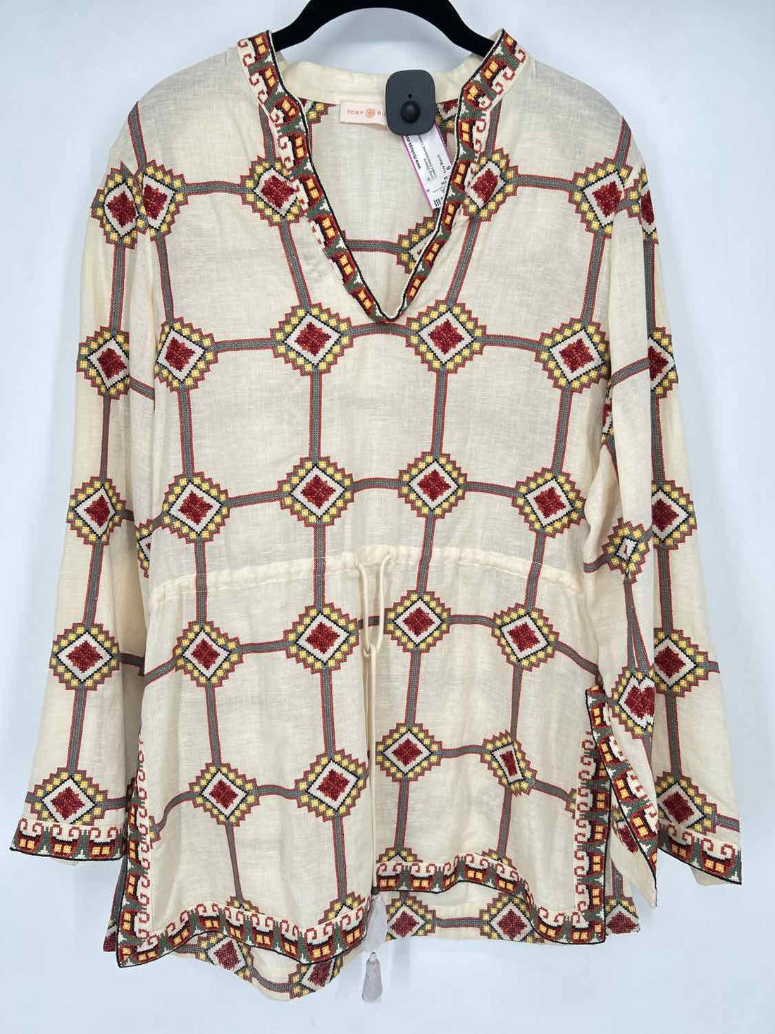Tory Burch Size 6 Cream Embroidered Linen/Cotton Tunic Long Sleeve