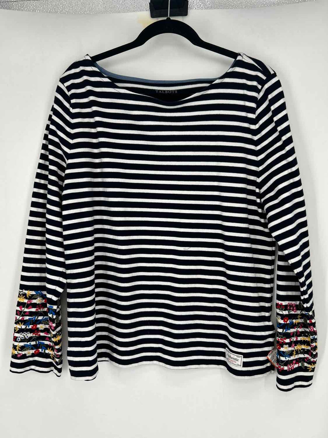 Talbots Size XL Navy & White Striped Embroidered Long Sleeve