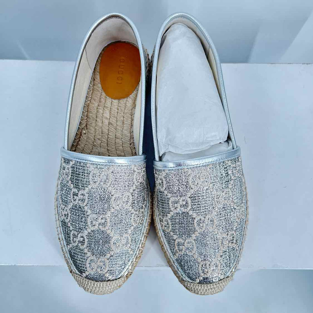 Gucci lame'GG Women Size 38 Silver Pre Owned Espadrilles LUXURY