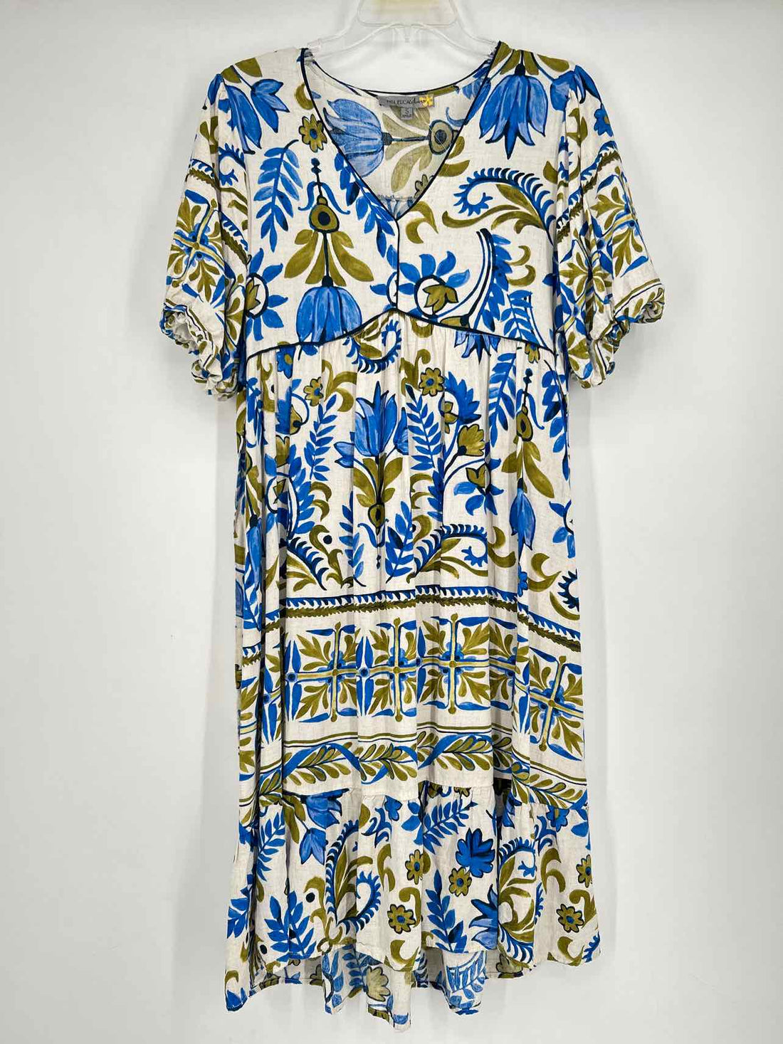 Figueroa & Flower Size S White Blue & Green Short Sleeve Dress