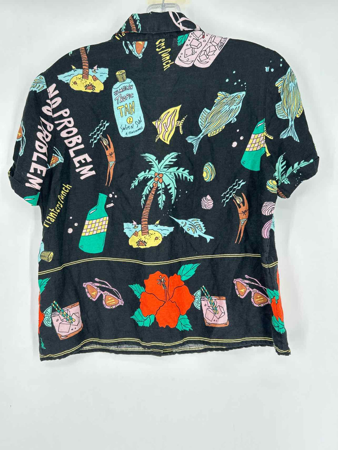 Nicole Miller Size S Black Print Linen Short Sleeve