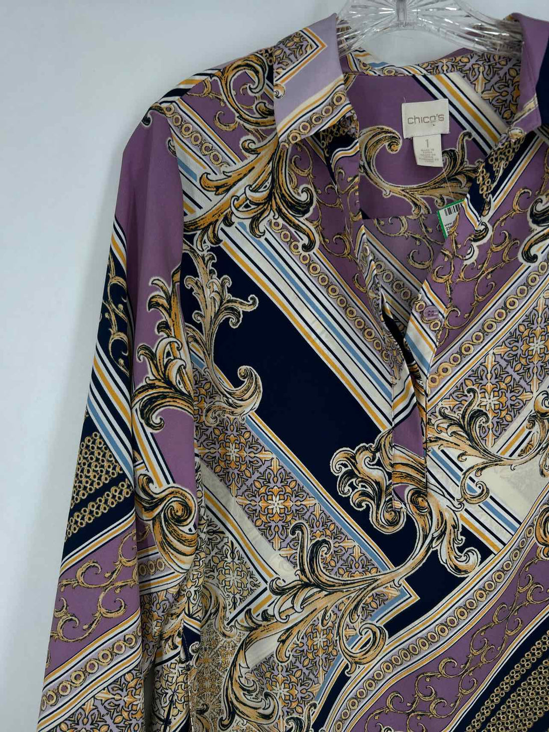 Chicos Size 1/M White Navy & Purple Print Long Sleeve