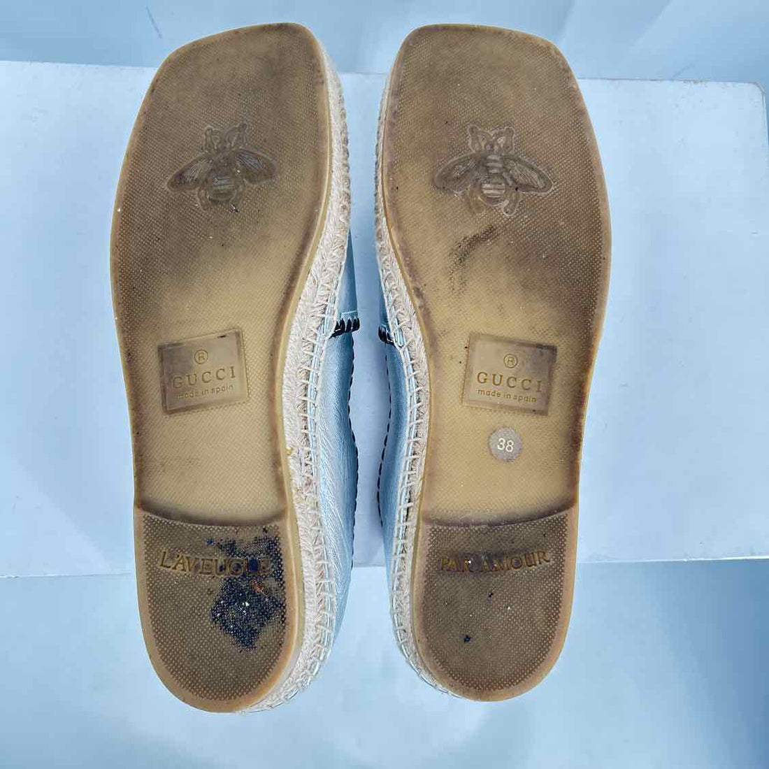 Gucci GG Rafia Espadrille Flat Women Size 38 Silver Pre Owned Leather LUXURY