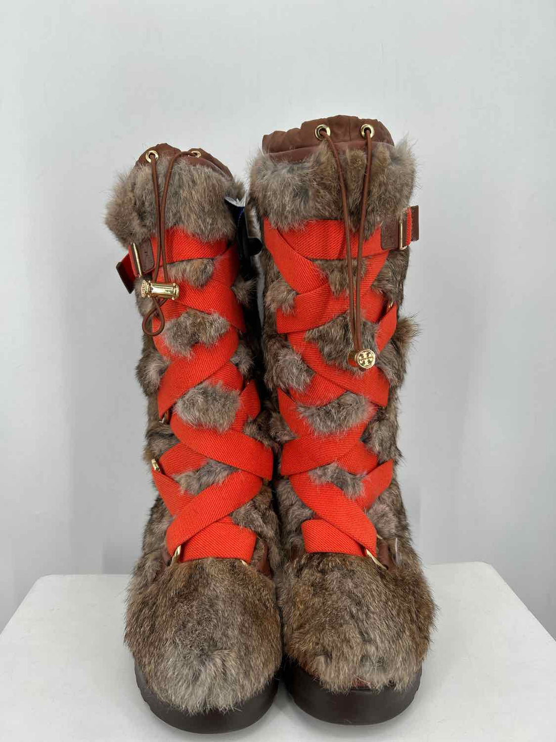 Tory Burch Women Size 9 Brown & Orange New Rabbit Fur Mid Calf Boot