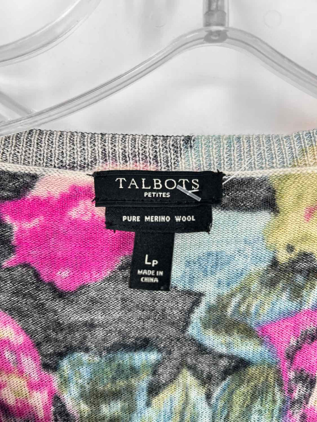 Talbots Size LP Black Floral Merino Wool Cardigan