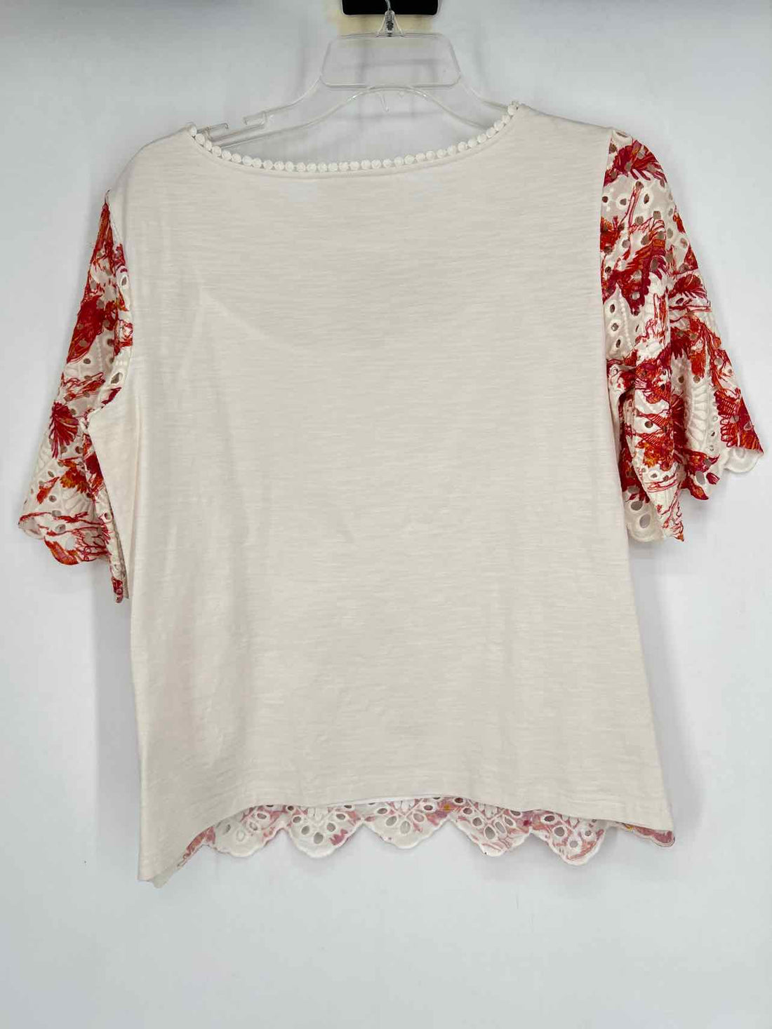 Porridge Clothing Size S White & Maroon Print Eyelet Short Sleeve