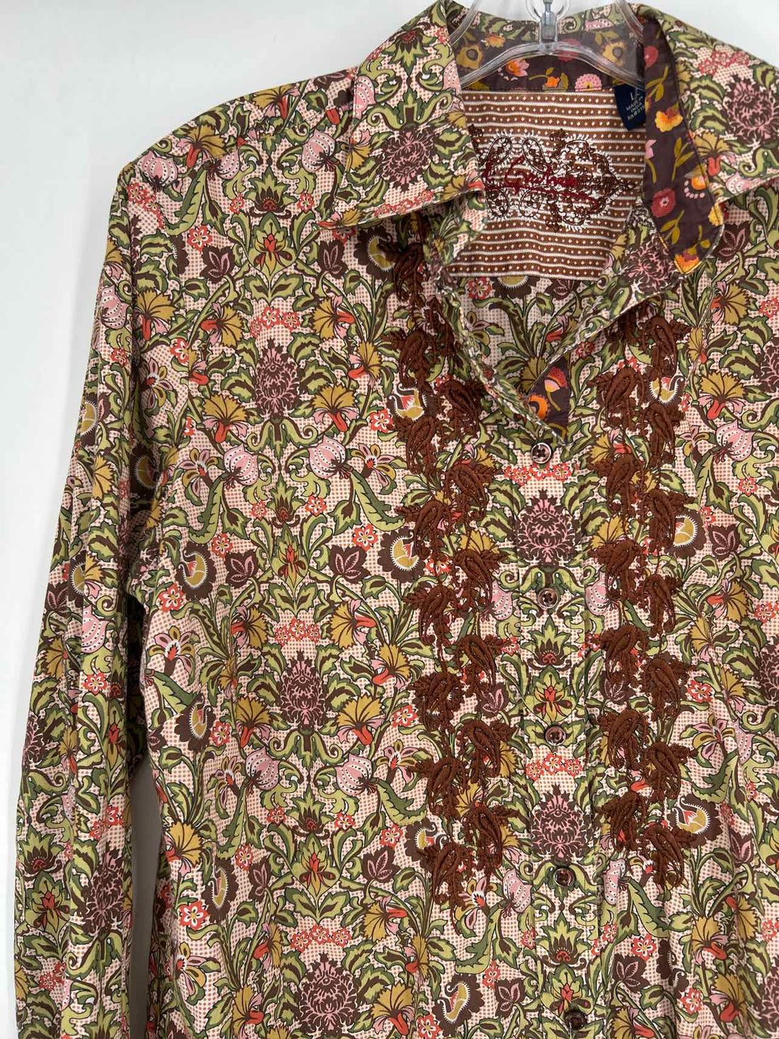 Robert Graham Size L Green Yellow & Brown Floral Long Sleeve