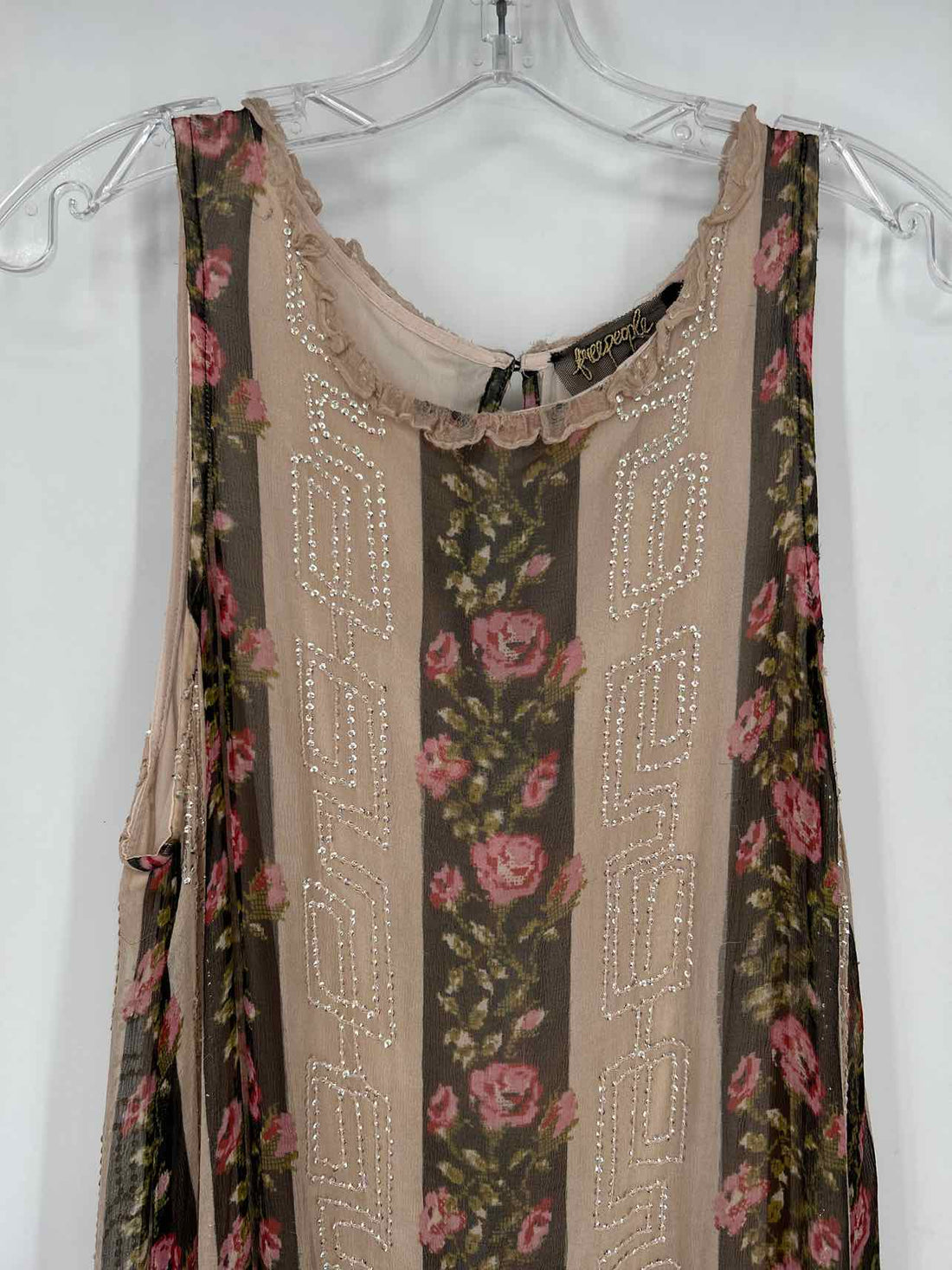 Free People Size L Beige & Black Floral Rayon Sleeveless Dress
