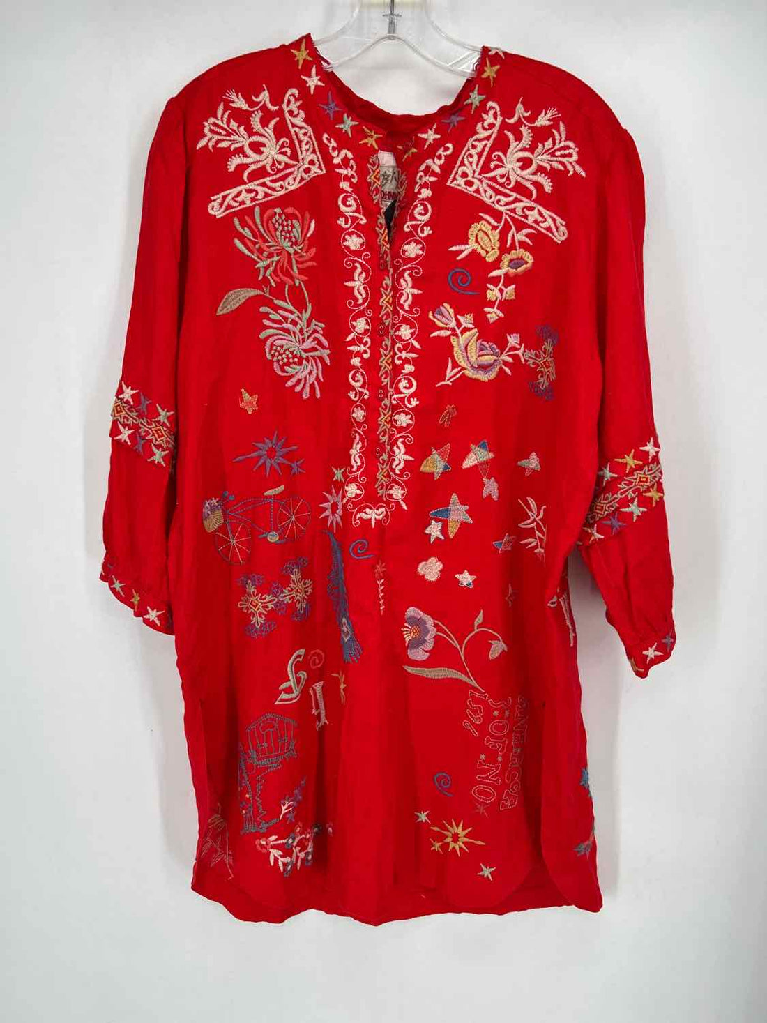 Johnny Was Size L Red Embroidery Linen Long Sleeve Long Sleeve
