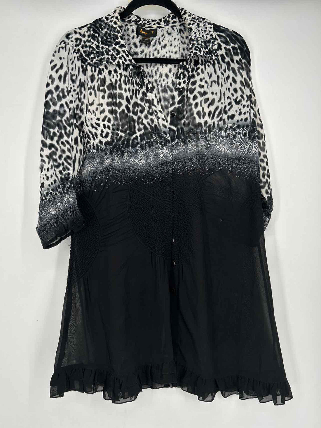 Jenny T Size L White & Black Print Vintage Long Sleeve