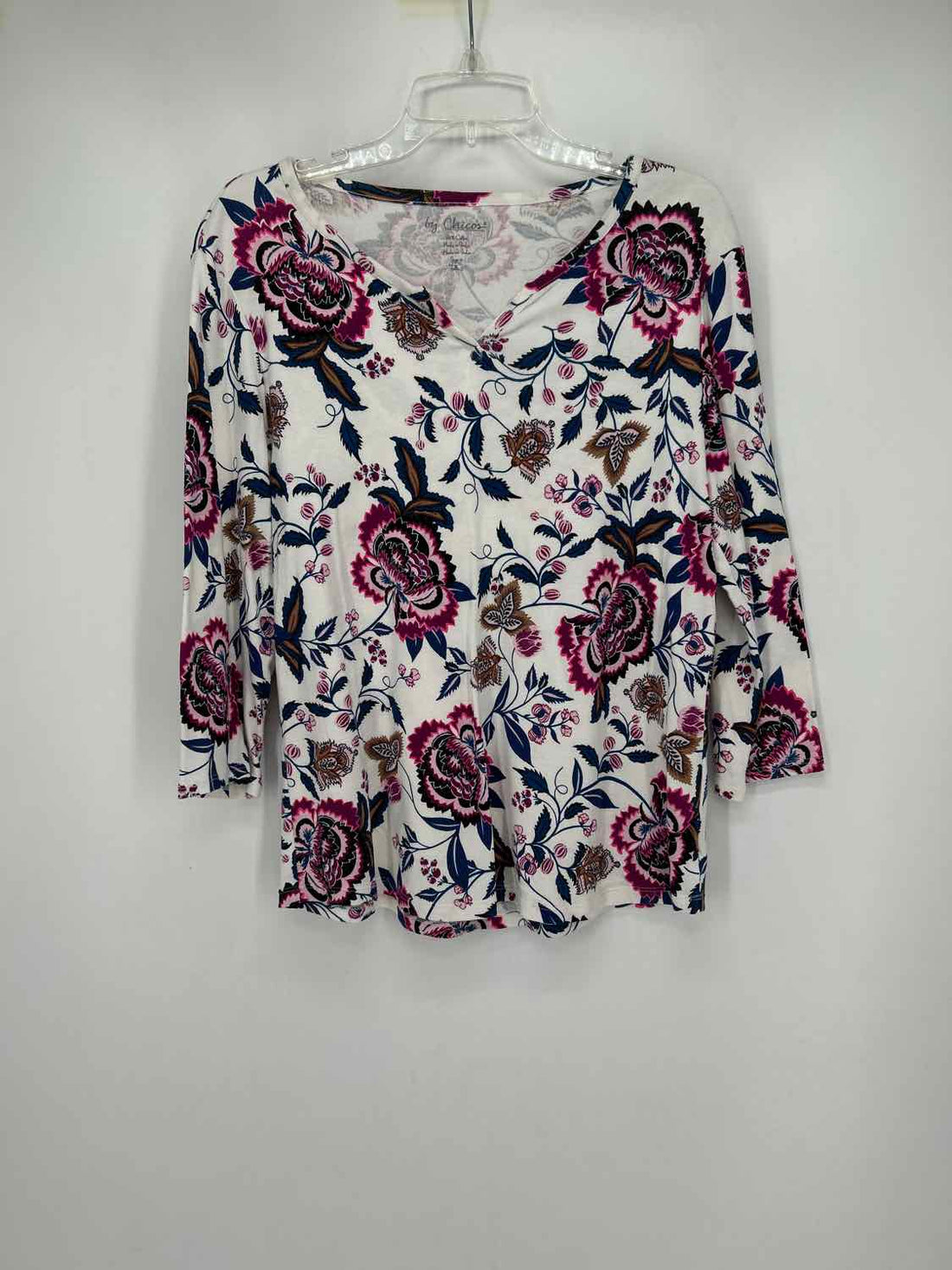 Chicos Size 2/L White Floral Long Sleeve