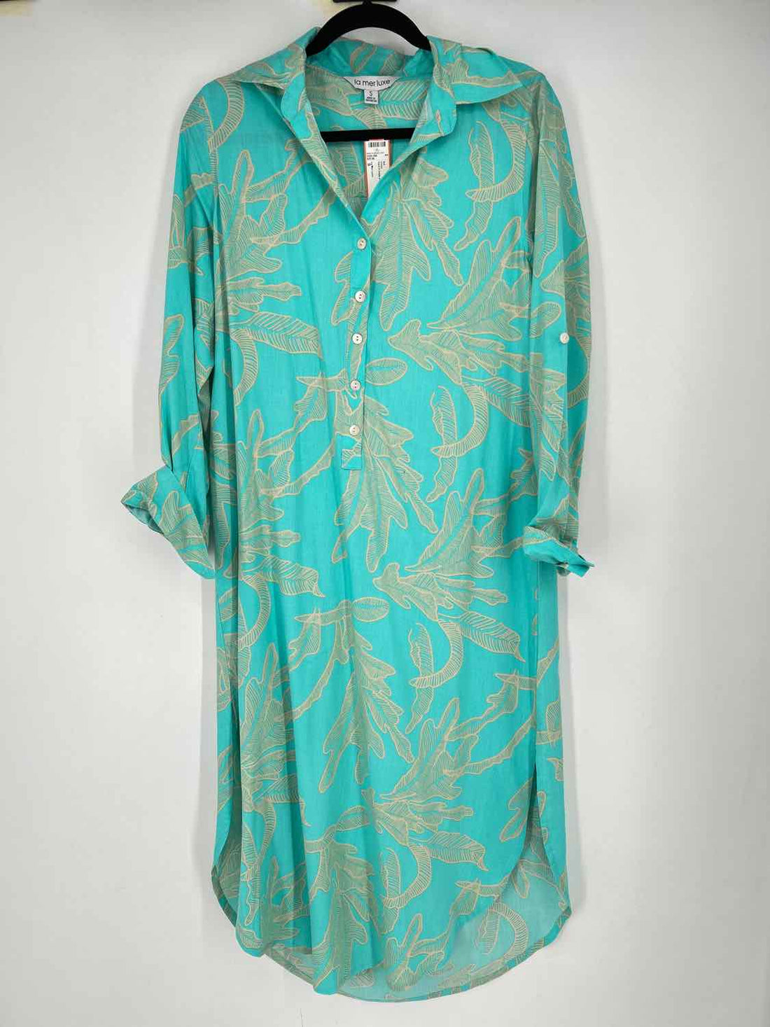La Mer Luxe Size S Aqua & beige print Long Sleeve Dress