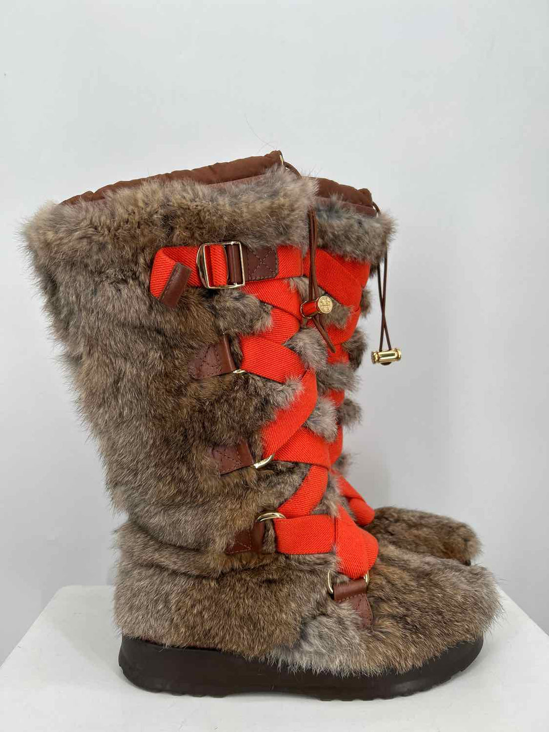 Tory Burch Women Size 9 Brown & Orange New Rabbit Fur Mid Calf Boot