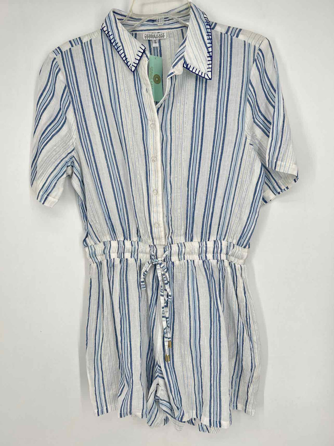 Debbie Katz Size L White & Blue Striped Shimmer NWT Rompers