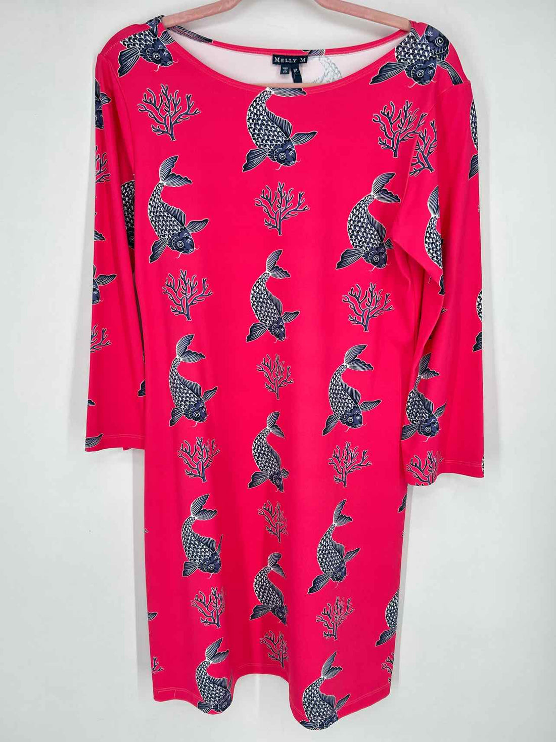 Melly M Size M Hot Pink & Navy Print Long Sleeve Dress