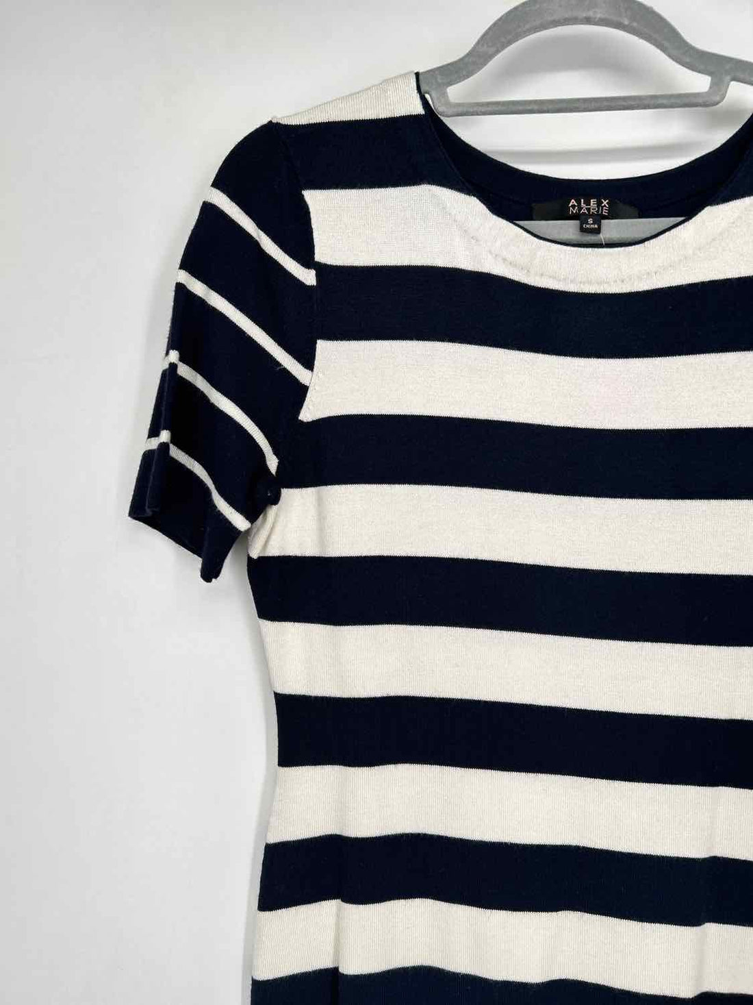 Alex Marie Size S White & Navy Striped Short Sleeve Dress