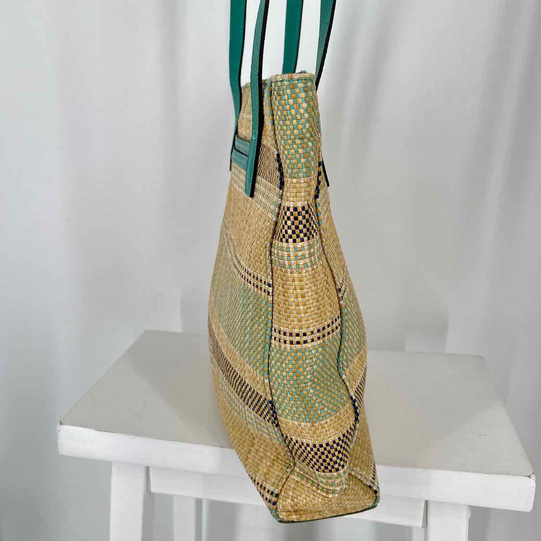 Patricia Nash Turquoise Multi Color Straw/Leather Pre Owned Tote