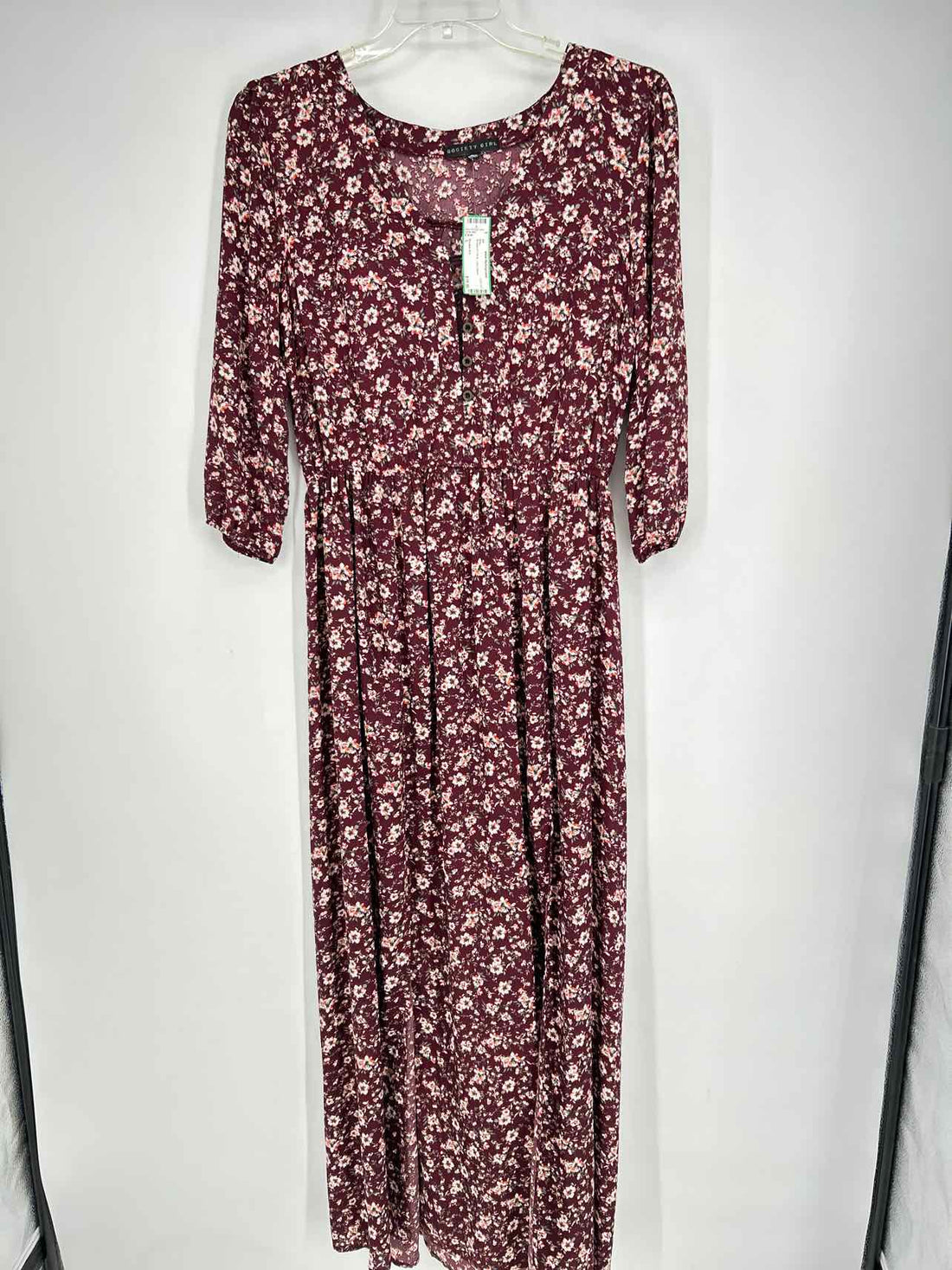 Society Girl Size L Burgandy Floral Long Sleeve Maxi