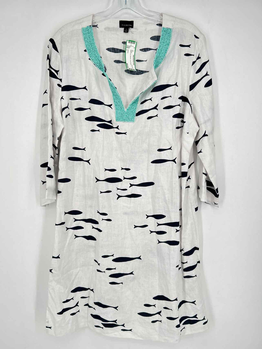 Talbots Size L White Print Beaded Long Sleeve Dress