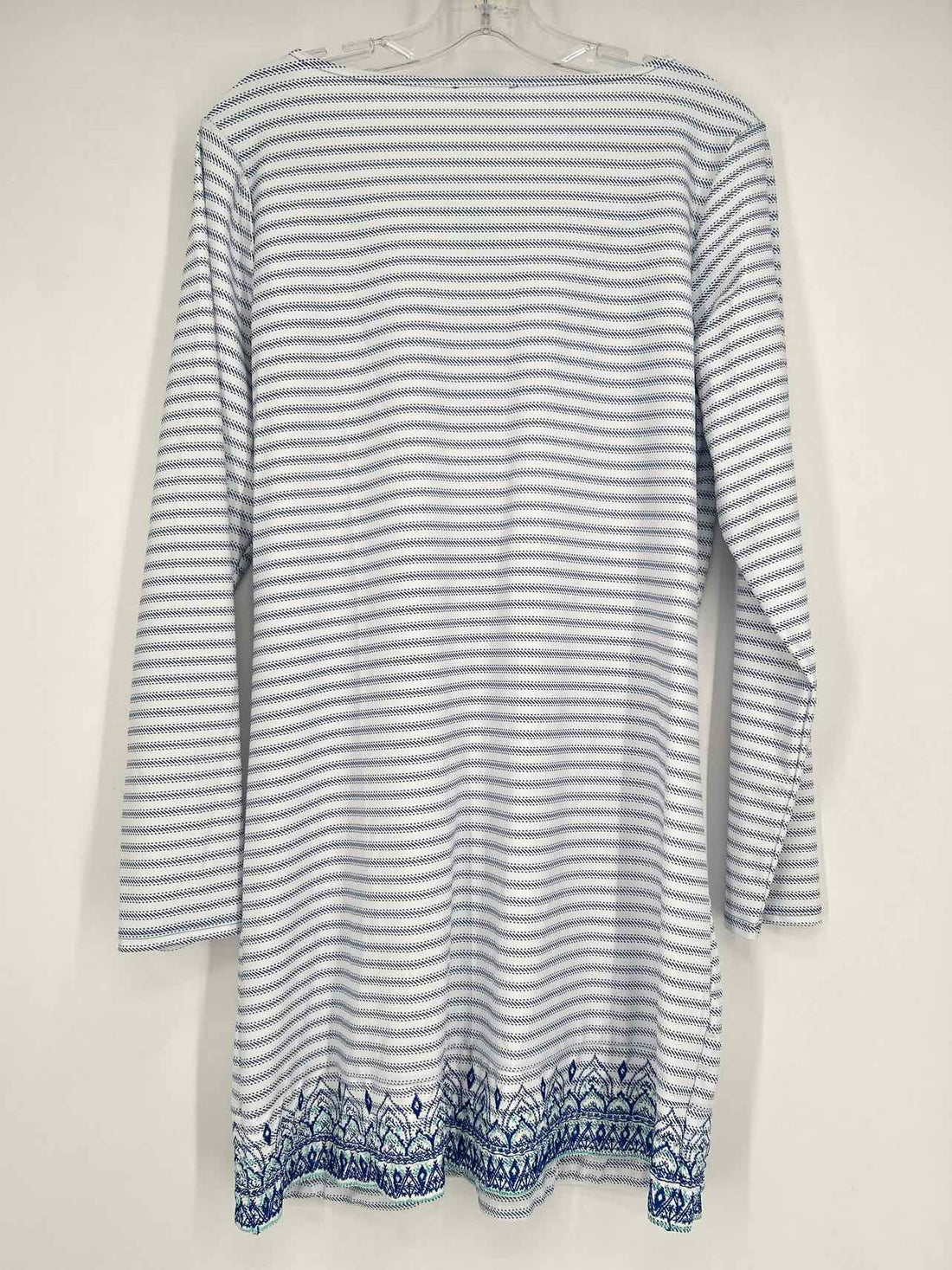 Cabana Life Size L White & Navy Print Embroidered Long Sleeve Dress