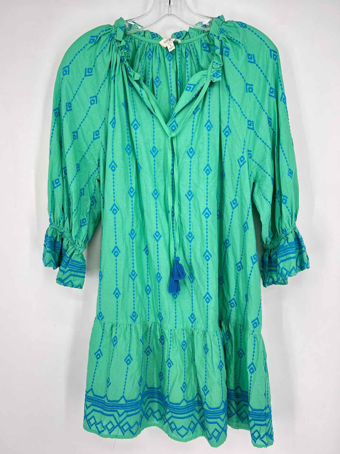 Umgee Size M Green & Blue Embroidered Long Sleeve Dress