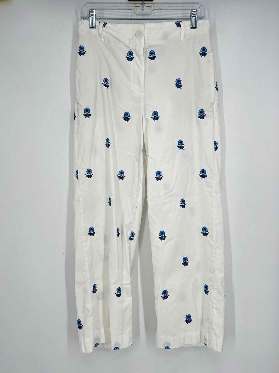Nicole Miller Size 6 White & Blue Floral Embroidered Pants