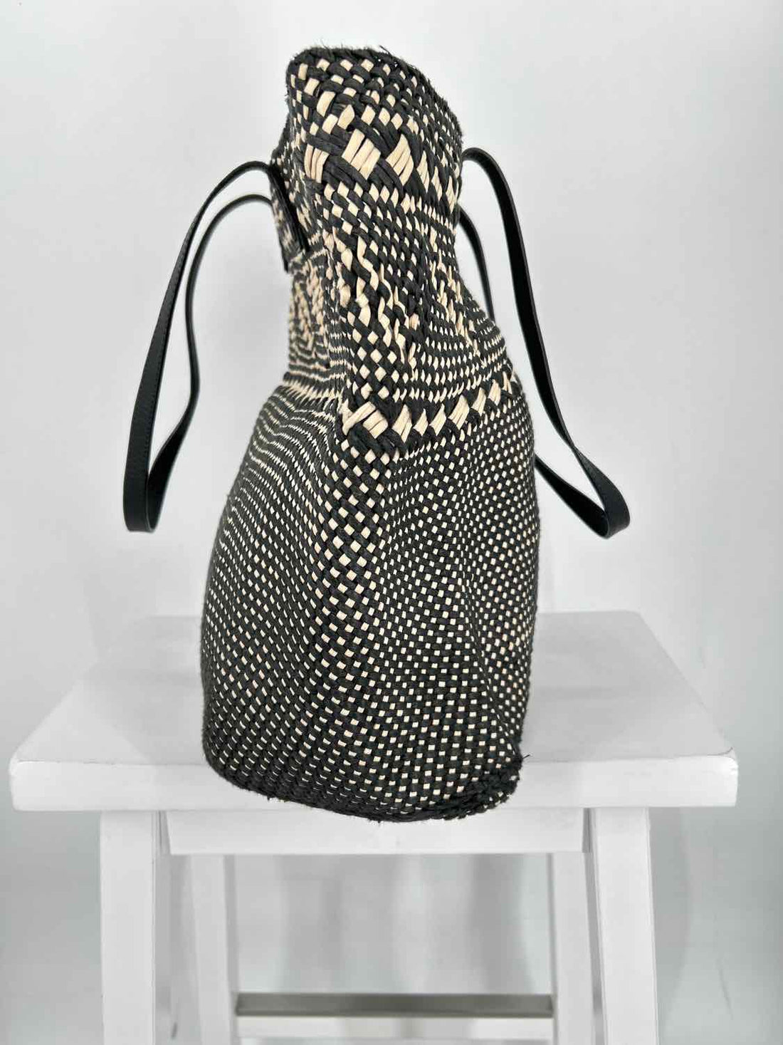 Banana Republic Black & Tan Tote Raffia with Leather Handle