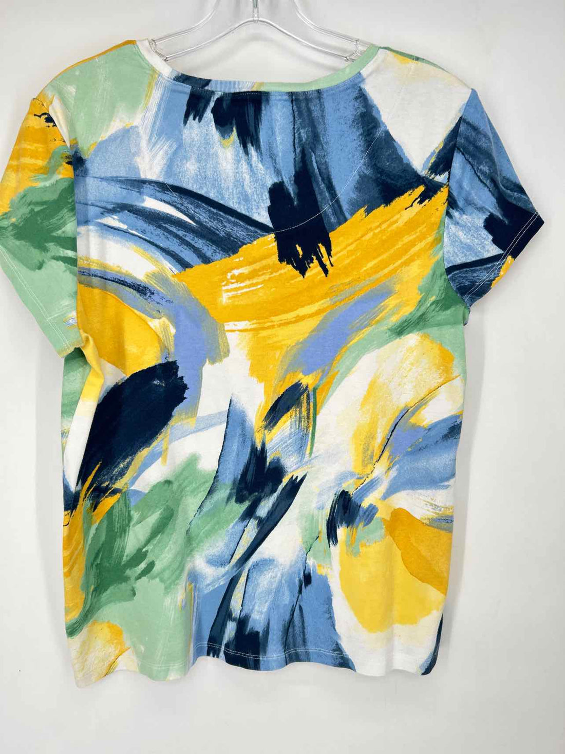 Chicos Size 2 (L) Yellow Green & Blue Short Sleeve