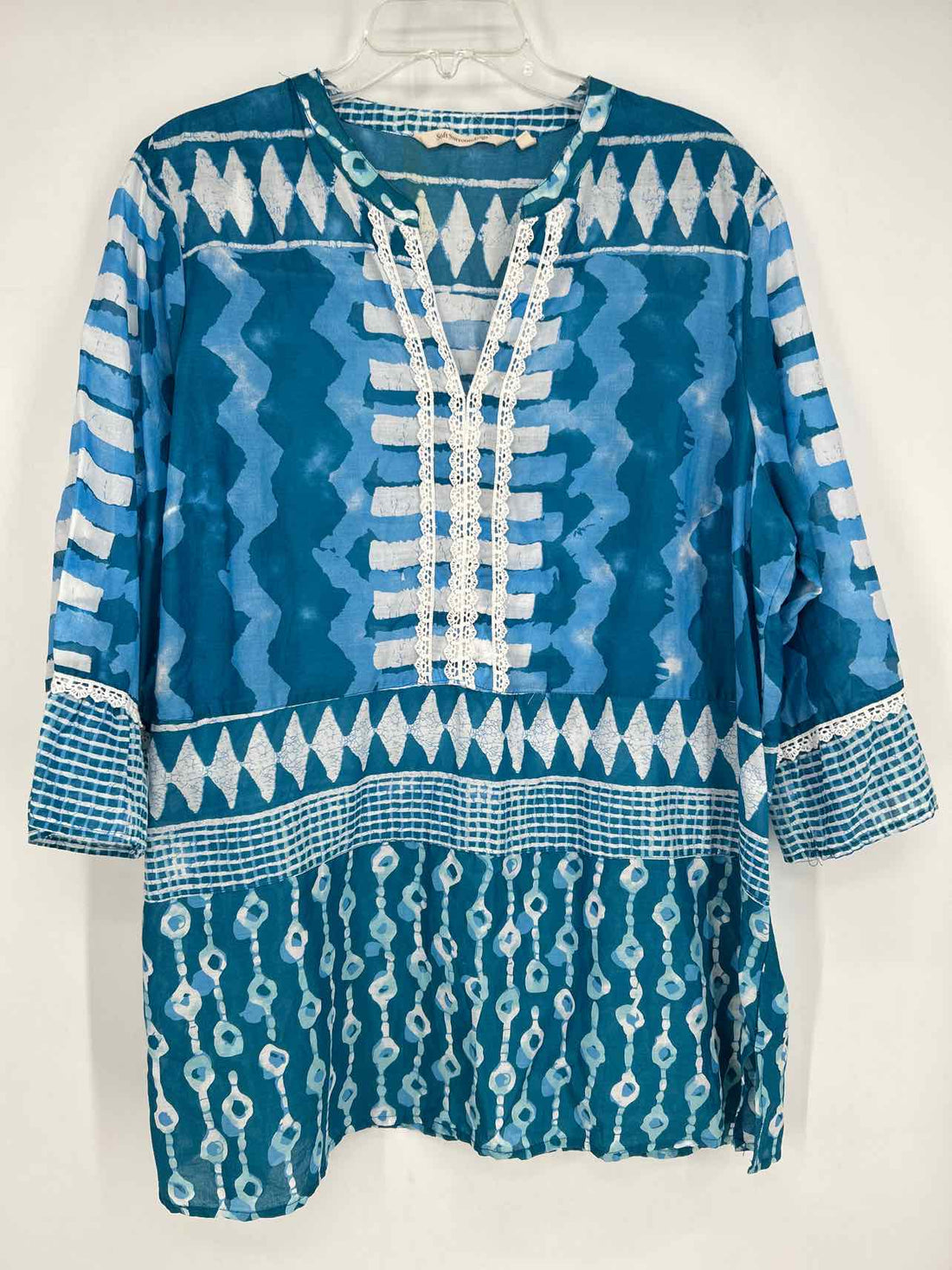 Soft Surroundings Size 1X Blue & White Print Top/Blouse