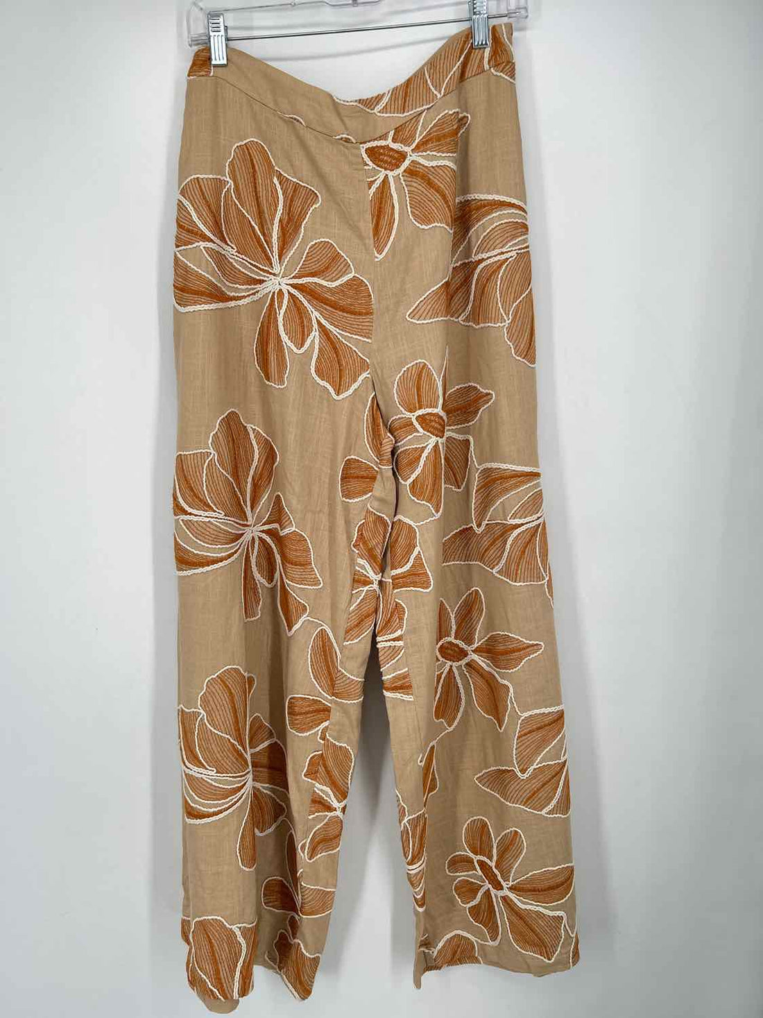 Traffic People Size L Khaki & Rust Floral Linen 100% Pants