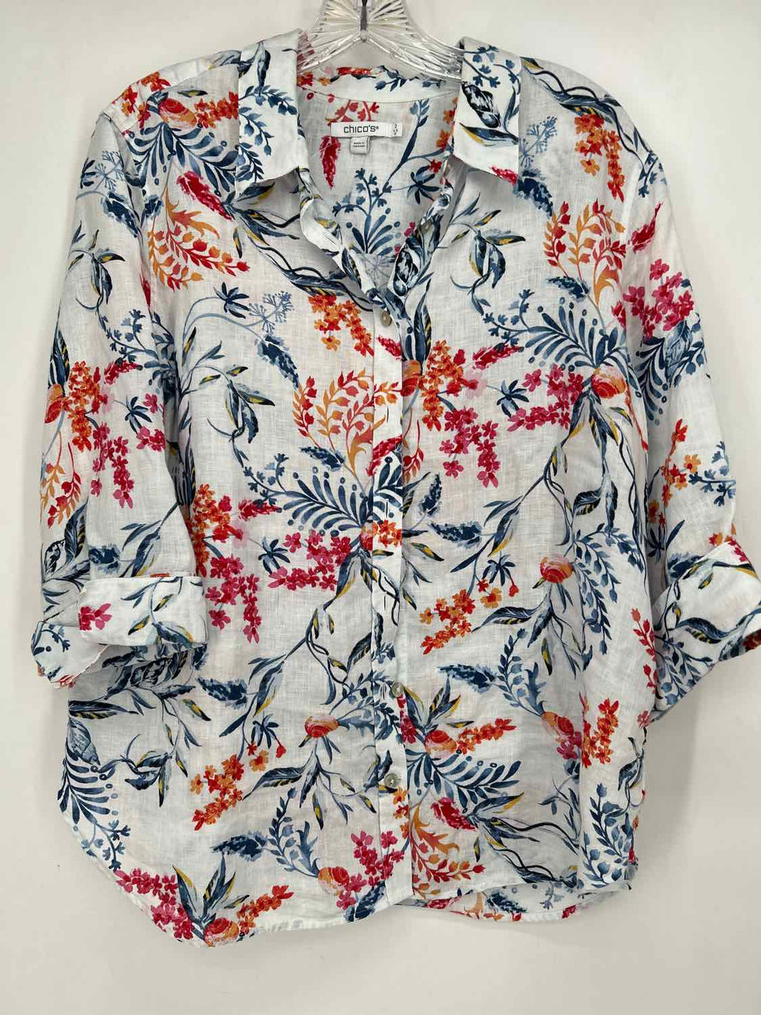 Chicos Size 2(12) White & Navy Print Long Sleeve