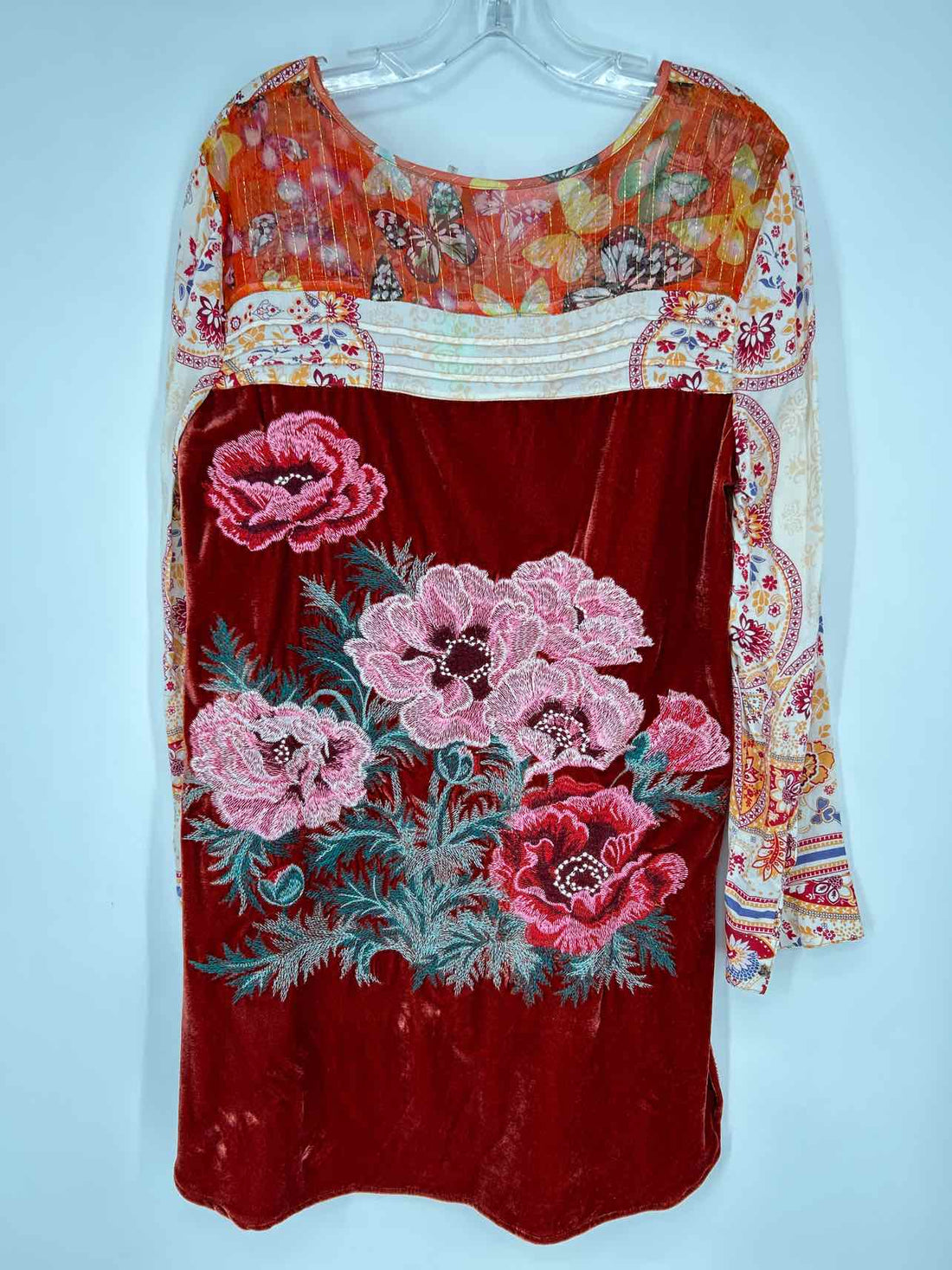 Aratta Silent Journey Size M Cream Orange & Red Print Rayon/Velvet Long Sleeve
