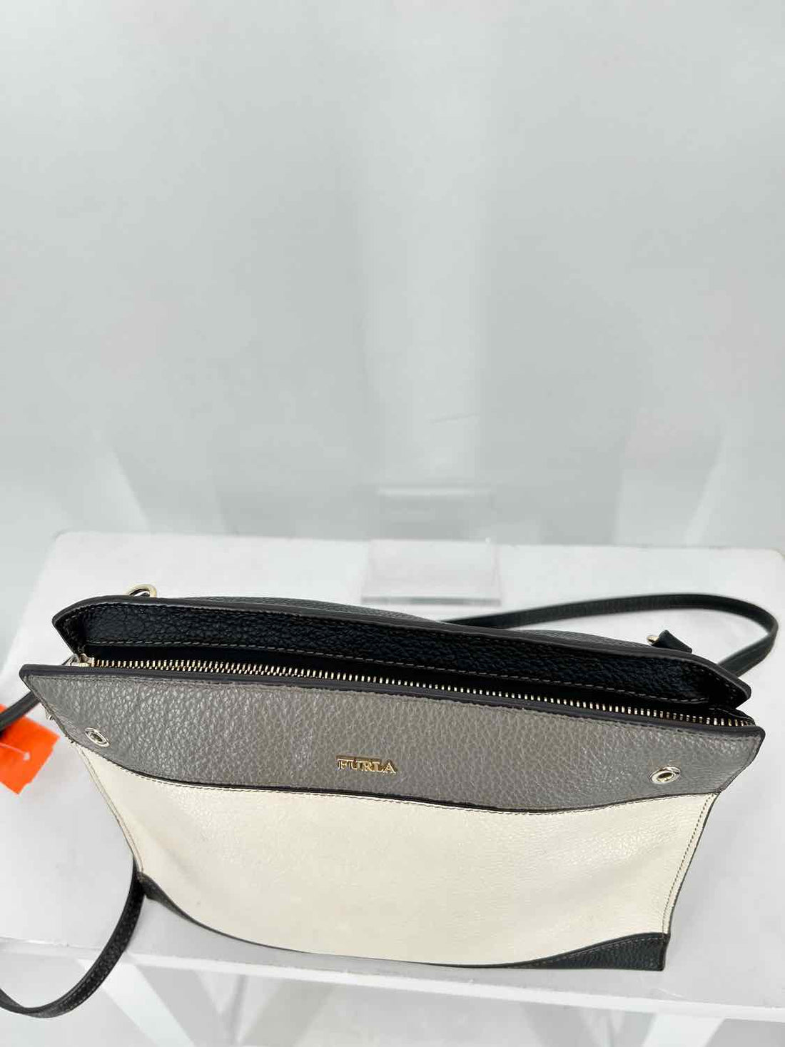 Furla Cream black & gray Pebbled Leather Crossbody