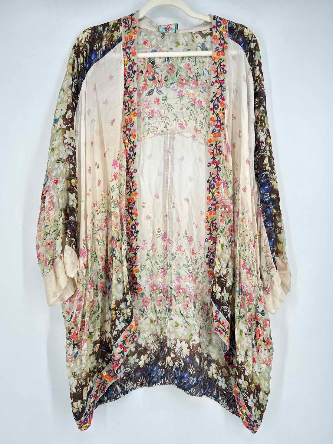 Johnny Was Size L Cream & Green Floral Cupra Rayon Kimono