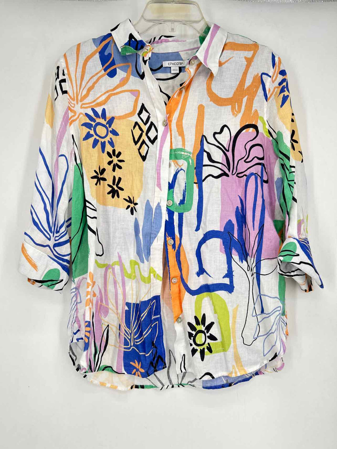 Chicos Size 1.5 (10) White Multi Color Print Linen Long Sleeve