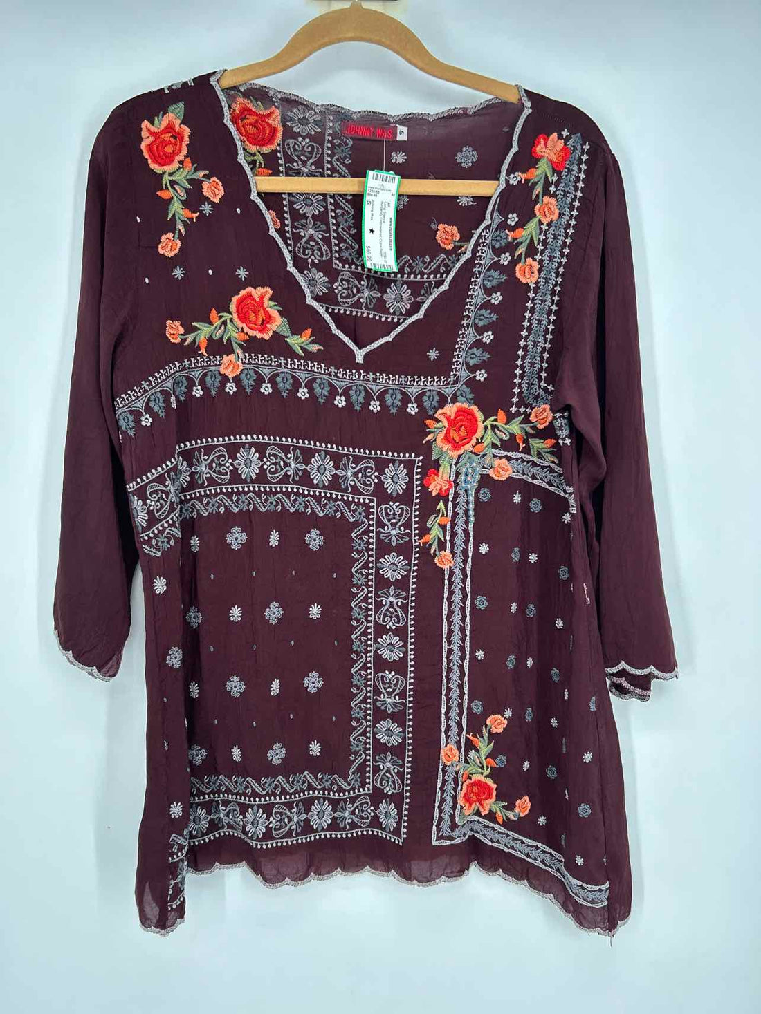 Johnny Was Size S Burgandy Embroidered Cupra Rayon Long Sleeve