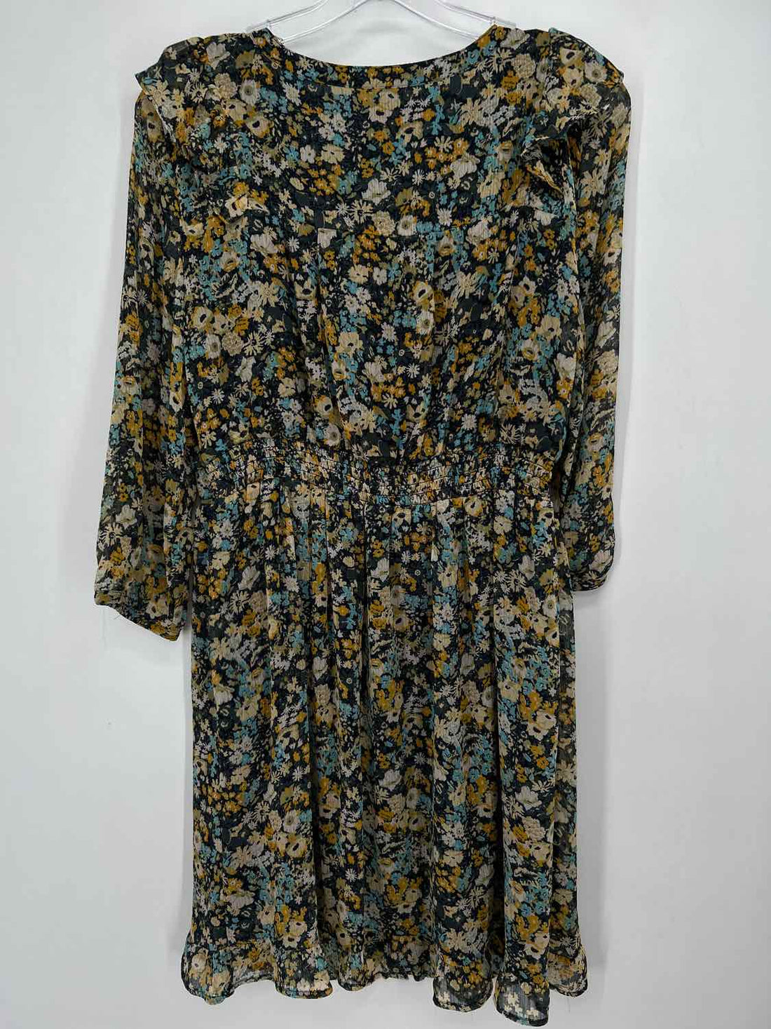 Loft Size L Navy & Yellow Floral Long Sleeve Dress