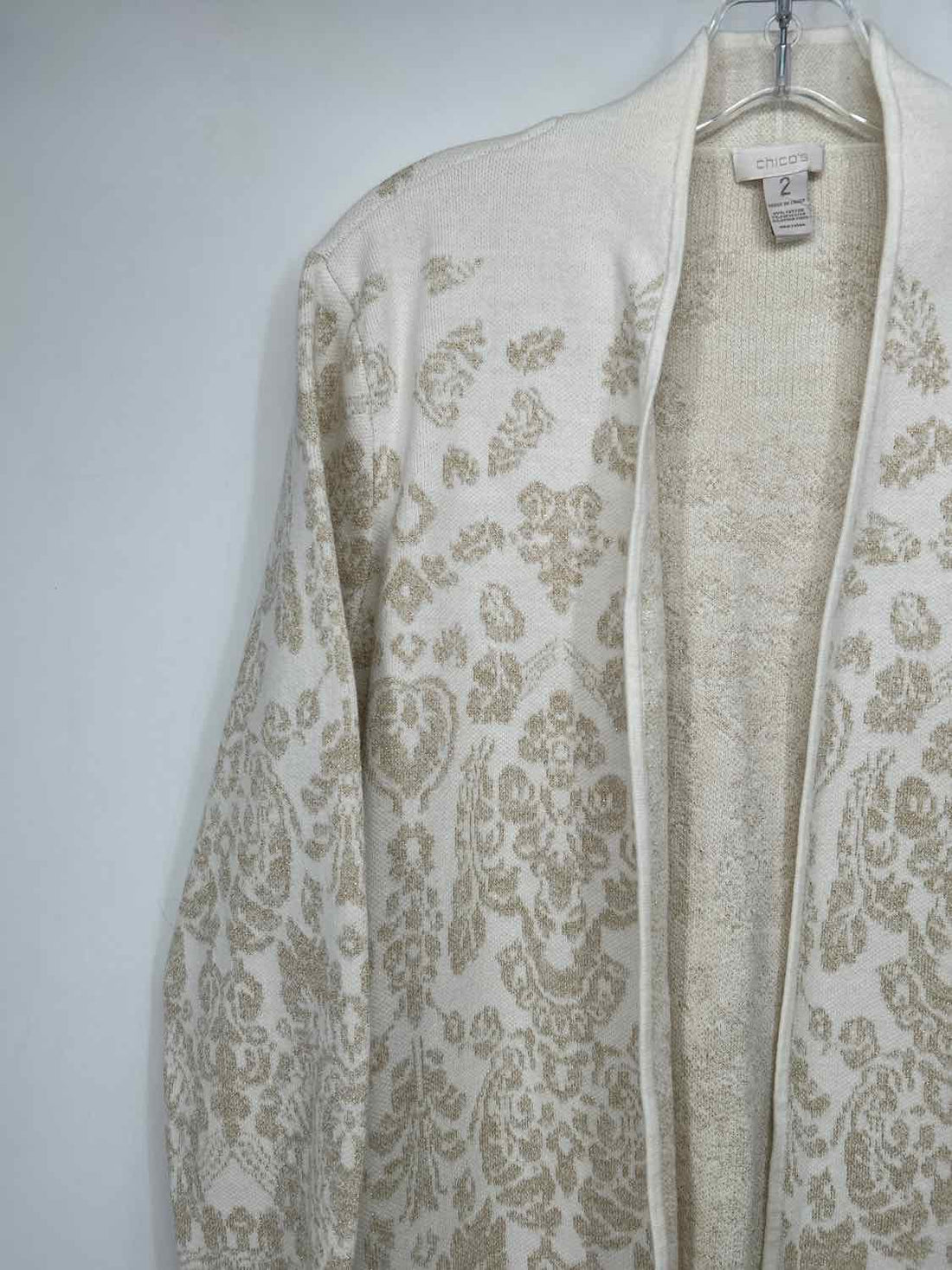 Chicos Size 2(12) White & Gold Cardigan