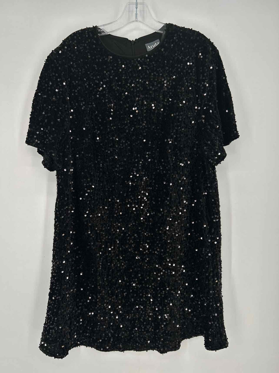 Arula Size A (14-16) Black Sequin Velvet Short Sleeve Dress