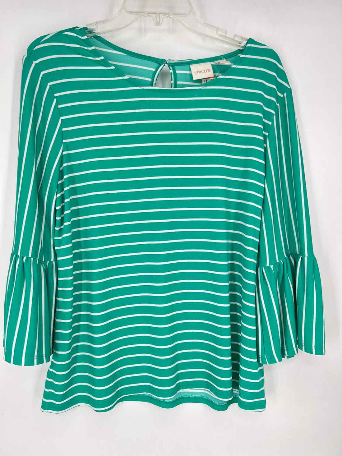 Chicos Size 1(M) Green & White Stripe Long Sleeve