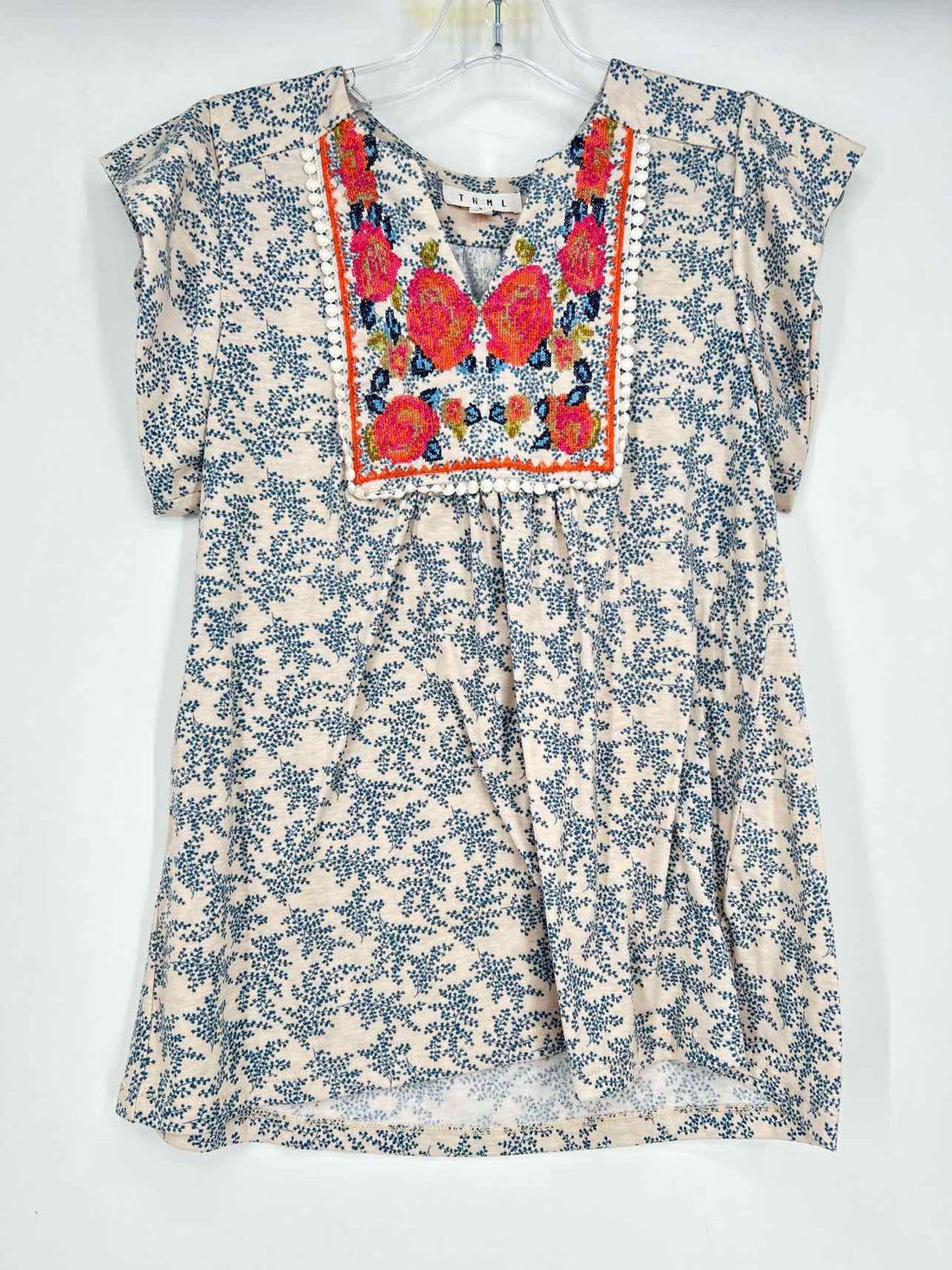 THML Size S cream & blue Embroidered Short Sleeve