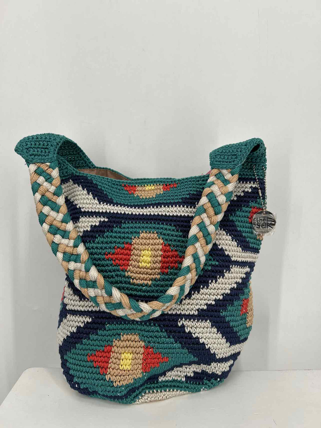 The Sak Teal Print Crochet Excellent Condition Hobo