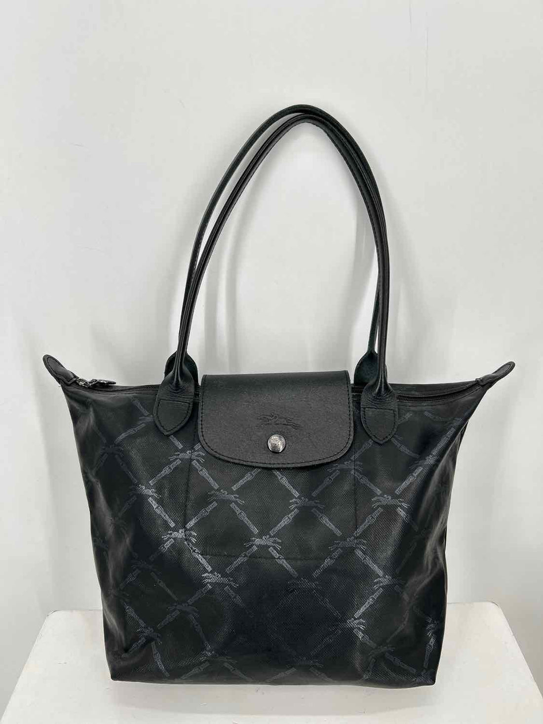 LongChamp Black Print Leather Tote