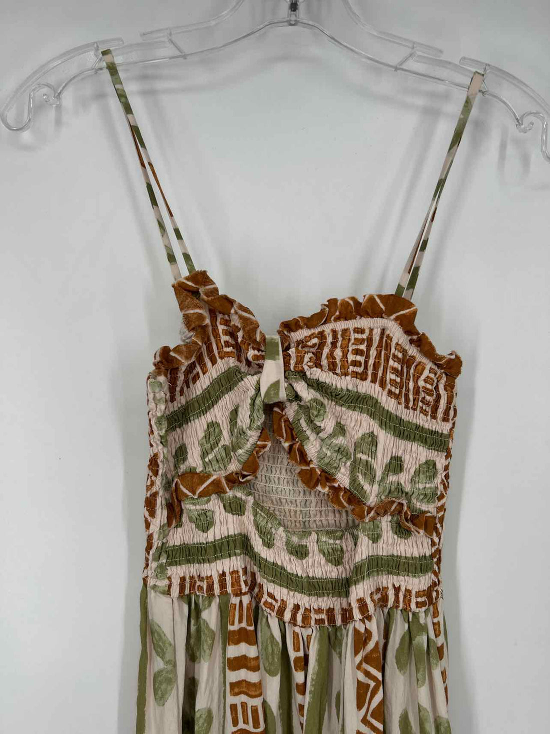 Dress Forum Size S White Green & Brown Smocked Sleeveless Dress