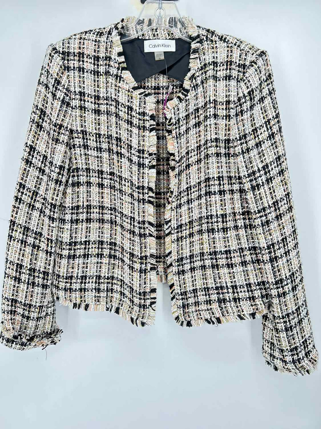 Calvin Klein Size 10 Black & White Print Tweed Blazer