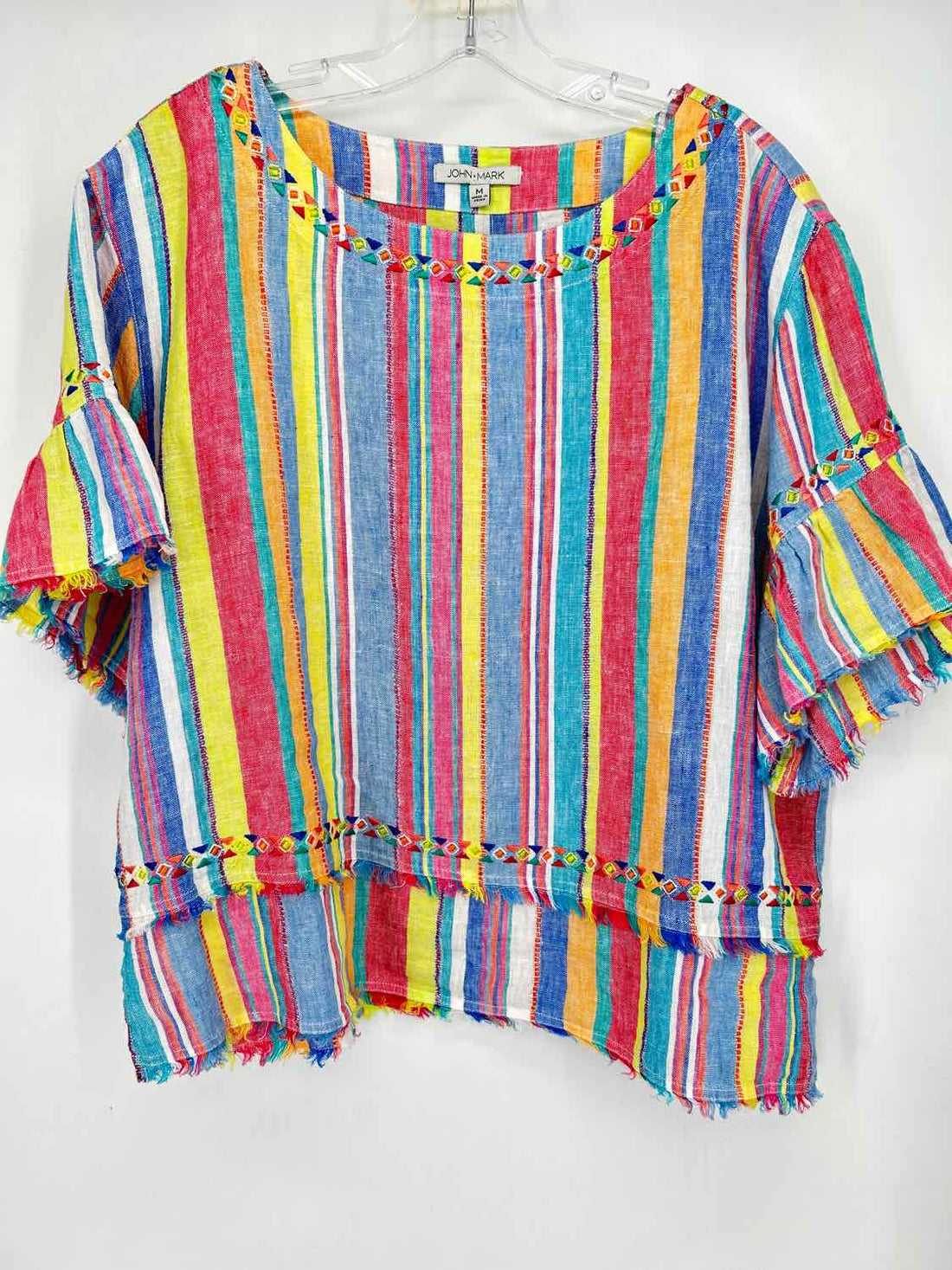 John Mark Size M Rainbow Striped Linen 100% Short Sleeve